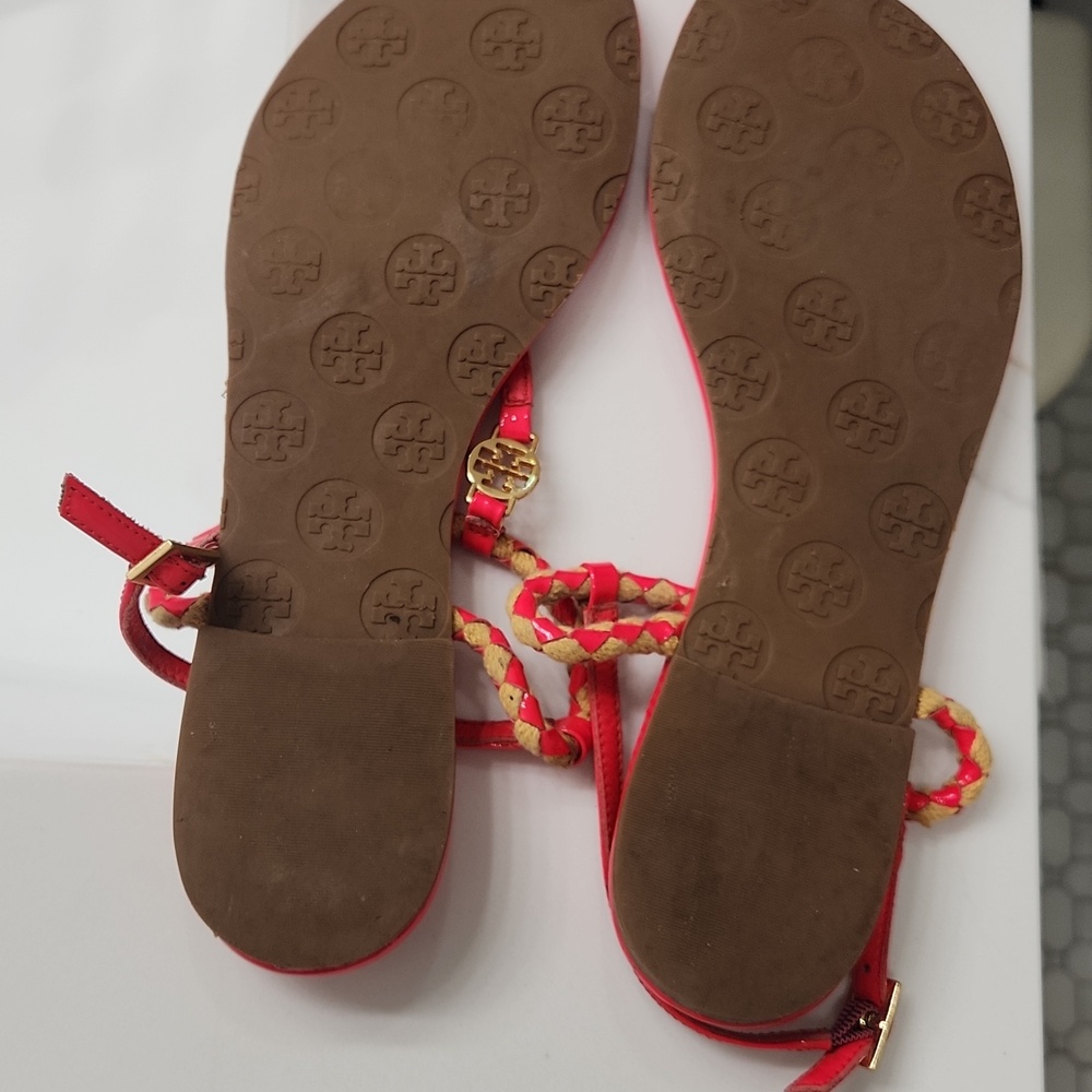 Tory Burch Bright Red Braided Thong Sandals with Gold Logo - Picture 7 of 12